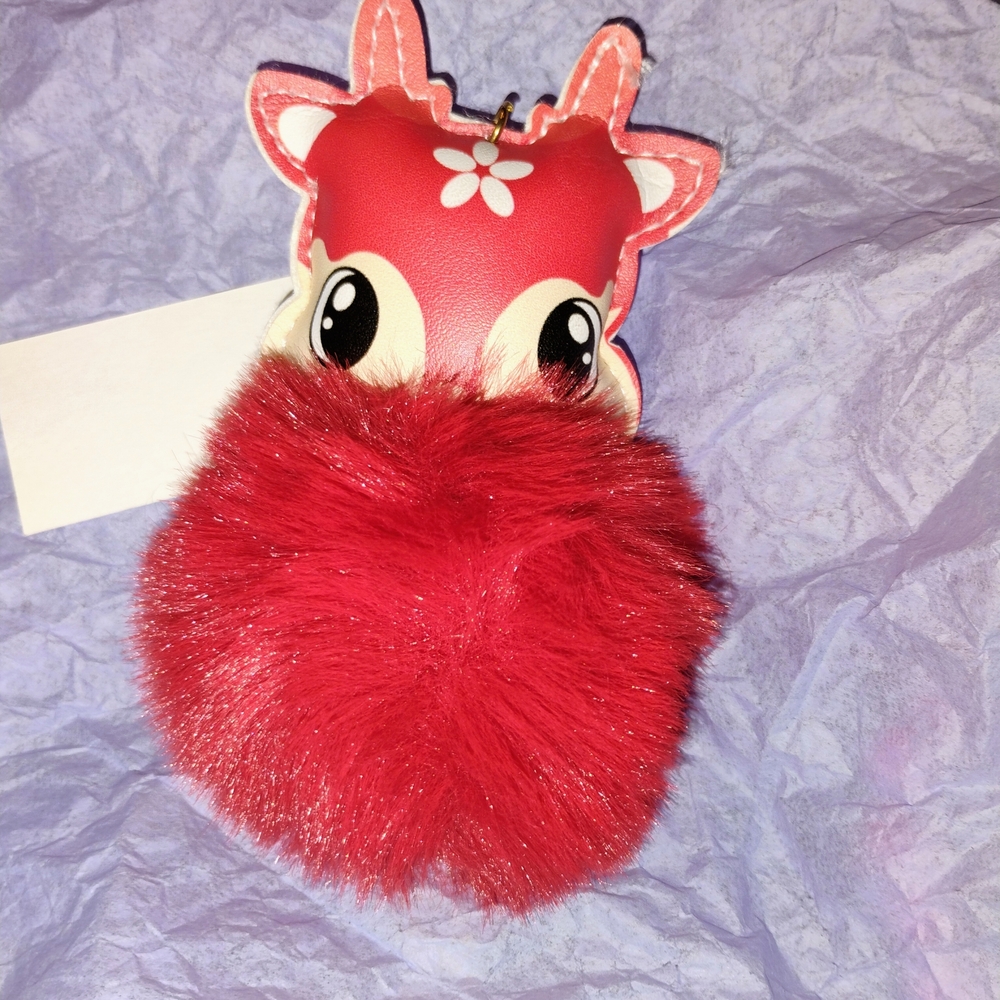 Source Unknown Red Furry Deer Key & Card Holder